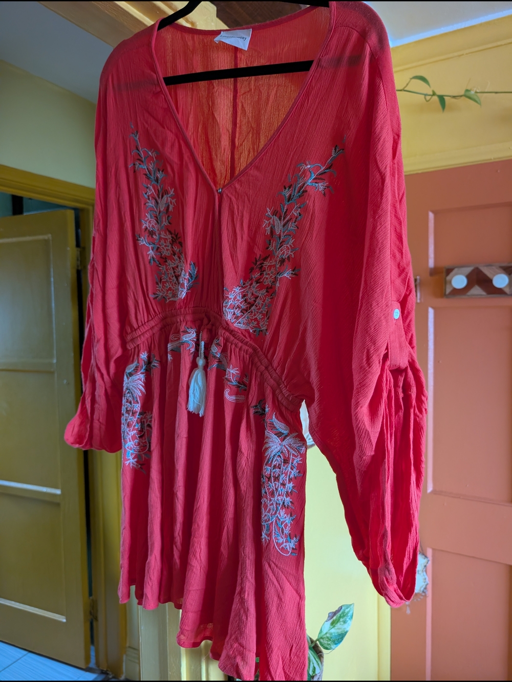 Women's Long Sleeve Red Embroidered V-Neck Dress with Tassel Detail